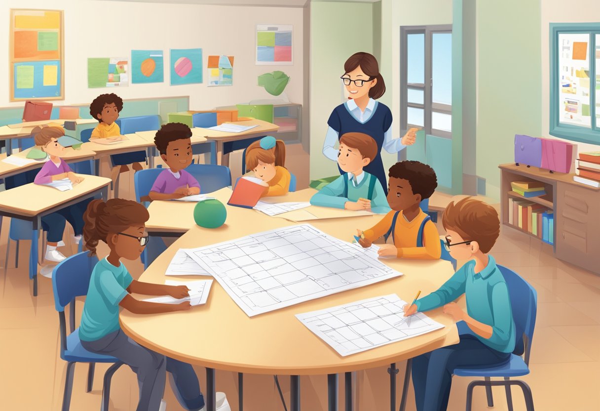 Guide to Teaching Fractions and Decimals: Simple Steps for Primary School Teachers Fractions LearningMole A group of students working on fraction problems at a classroom desk, with a teacher providing guidance and support
