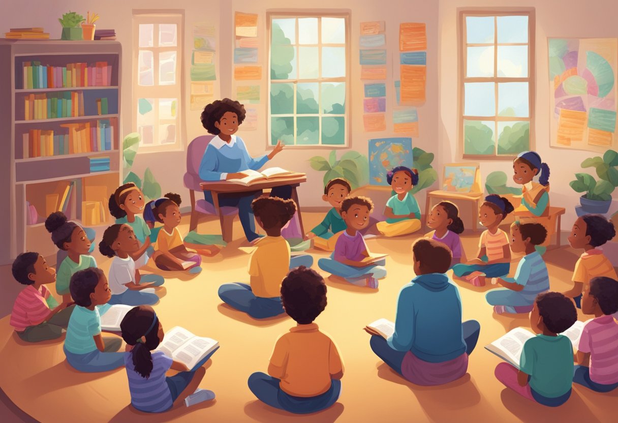 Guide to Teaching Poetry and Rhymes: Sparking Creativity Teaching Poetry and Rhymes,poetry LearningMole A cozy classroom with colorful posters, a bookshelf filled with poetry books, and a group of children sitting in a circle, eagerly listening to their teacher recite a lively rhyme