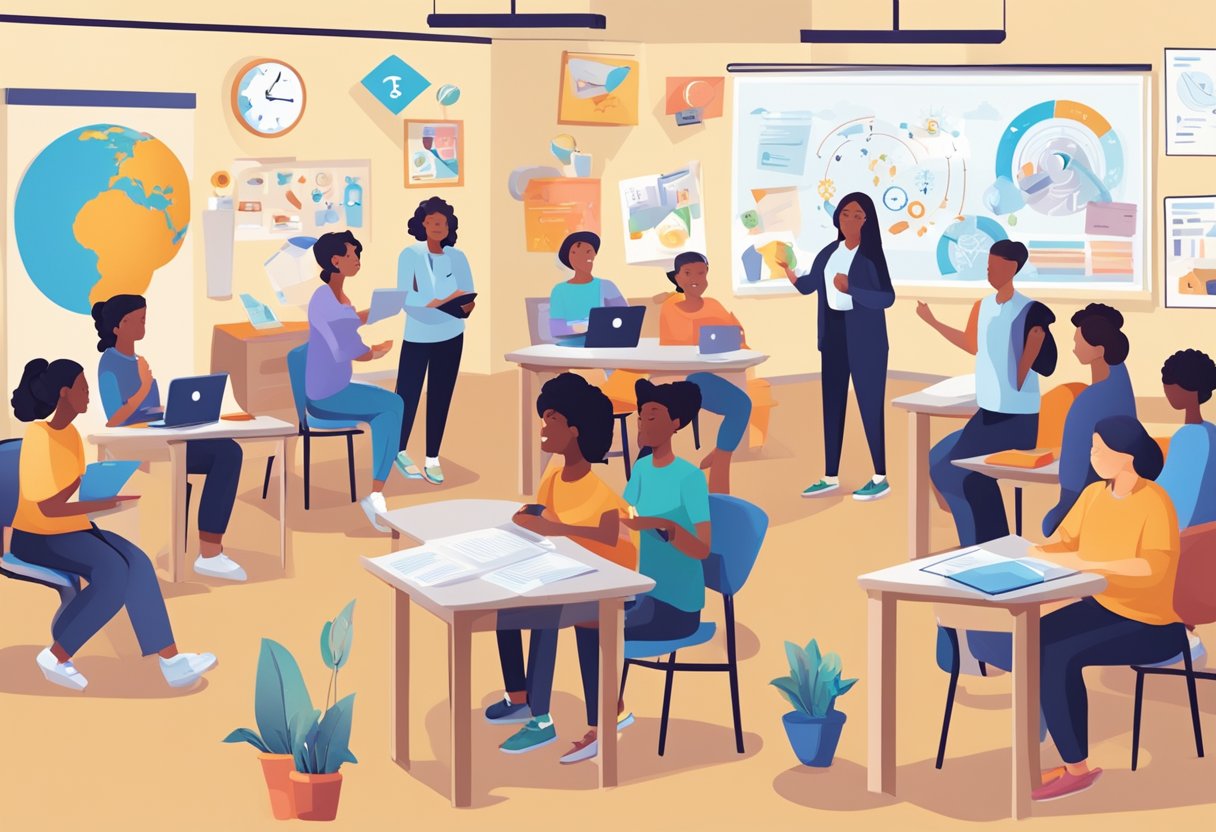 Emotional Intelligence in Education: Impactful Statistics Emotional Intelligence in Education,learning,education LearningMole A classroom setting with diverse students engaged in various activities, surrounded by images and symbols representing emotional intelligence and well-being