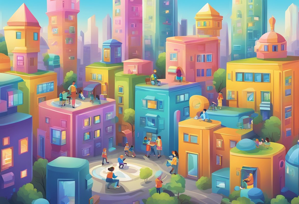 AI-Powered Interactive Games for Primary Maths: Fun Learning Adventures AI-Powered Interactive Games,maths LearningMole A colorful, futuristic cityscape with children playing interactive math games projected onto buildings