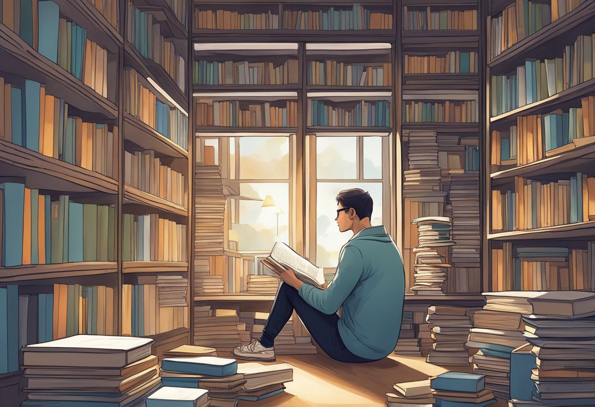 Reading Comprehension Effect on Life Outcomes: 10 Surprising Statistics reading comprehension LearningMole A person sitting in a room surrounded by books, with a thoughtful expression on their face, as they absorb information from the pages