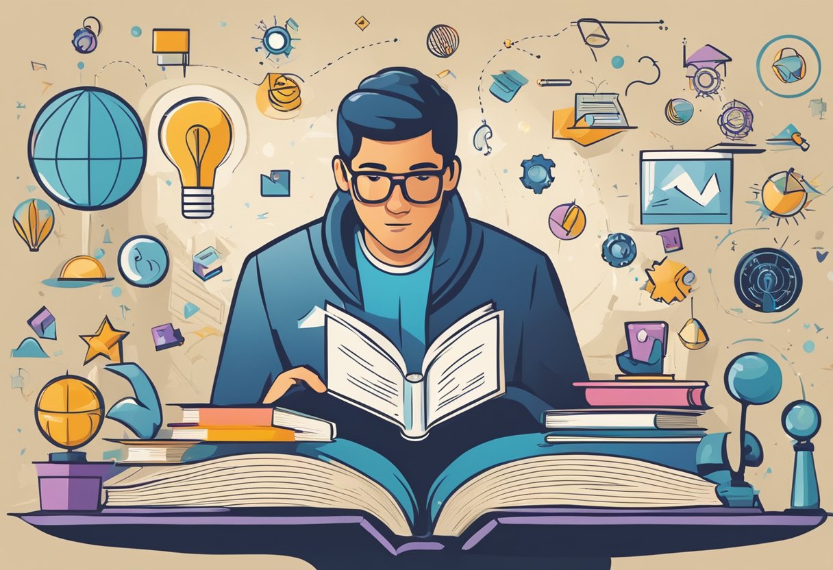 Reading Comprehension Effect on Life Outcomes: 10 Surprising Statistics reading comprehension LearningMole A person reading a book with various symbols representing education, career advancement, and financial success surrounding them
