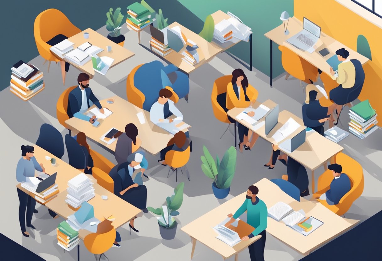 Reading Comprehension Effect on Life Outcomes: 10 Surprising Statistics reading comprehension LearningMole A group of people engaged in conversation, exchanging ideas and working together on a project, surrounded by books and educational materials