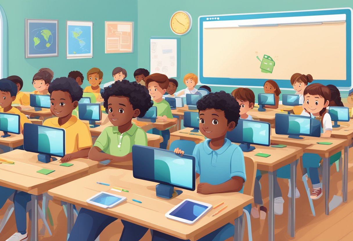 A classroom filled with young students using tablets and computers to engage with AI-powered assessment tools for primary education