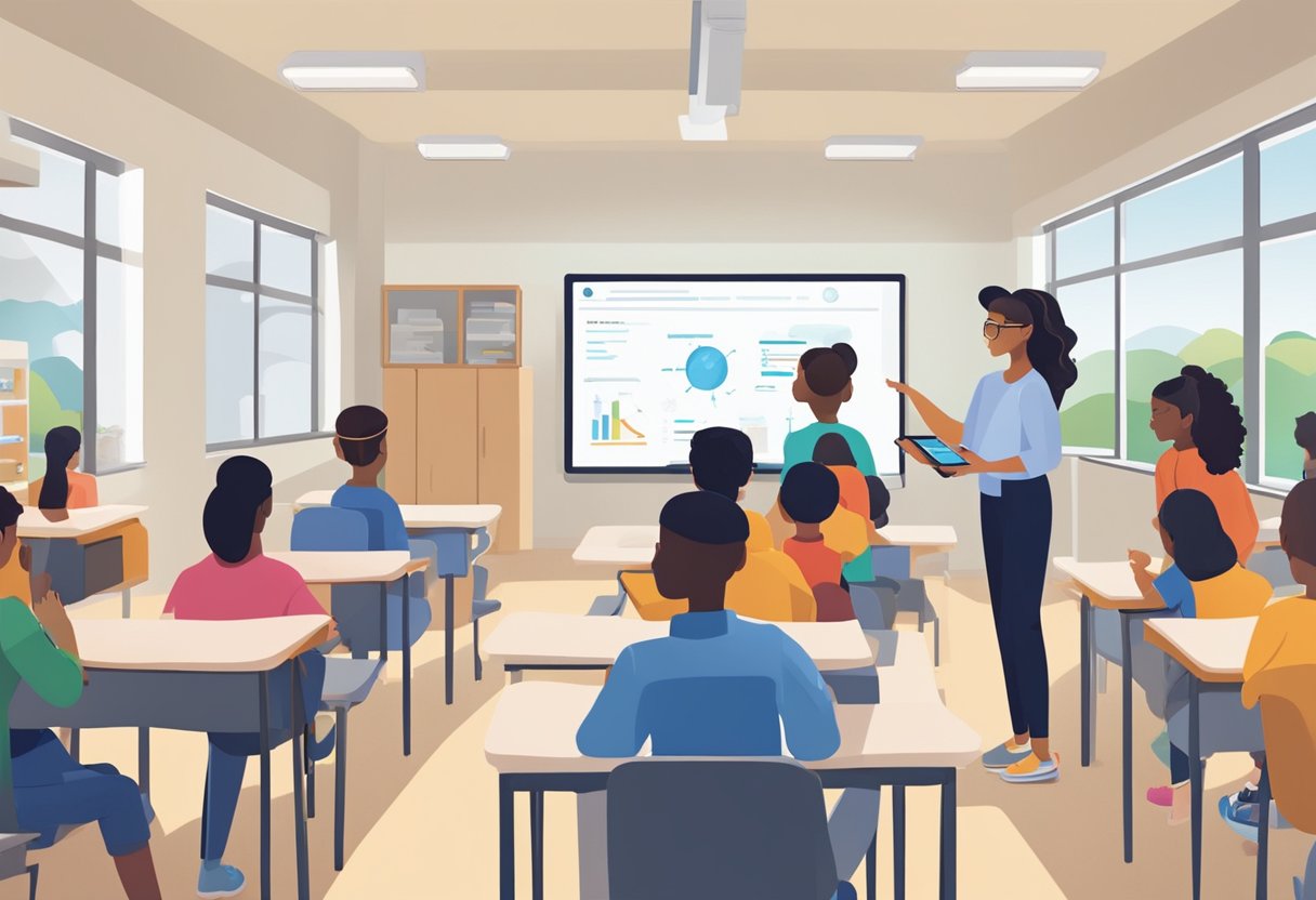 A classroom setting with young students using tablets and AI-powered assessment tools while a teacher observes and guides the learning process