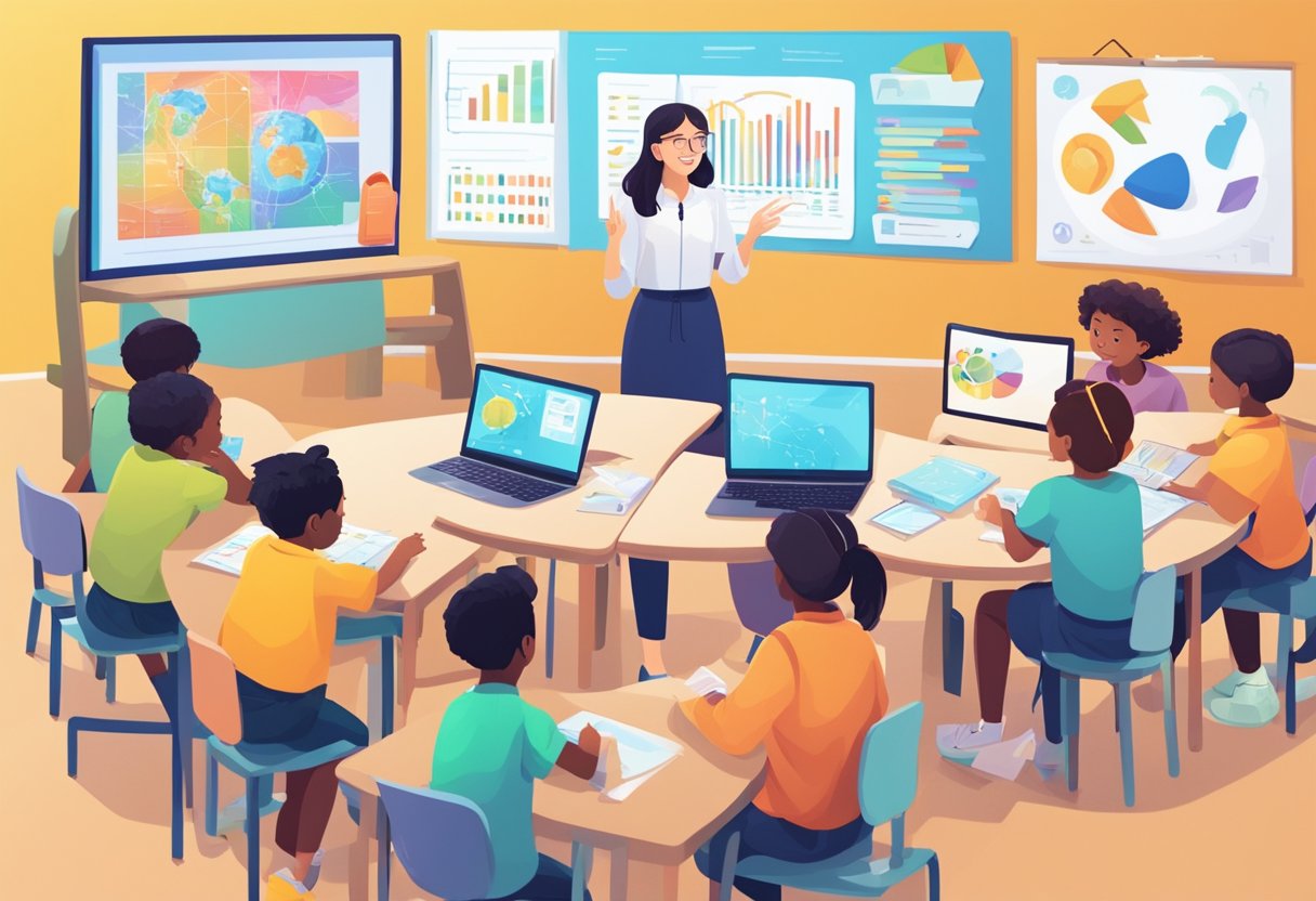 A group of primary school students engage with AI-powered assessment tools while a teacher observes, surrounded by colorful educational materials
