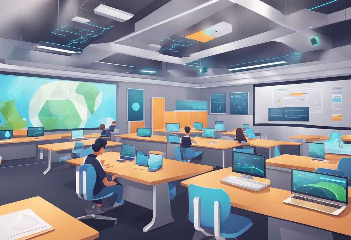 How AI Supports Remote and Hybrid Learning Models: Bridging Educational Gaps Learning Models,Remote,hybrid LearningMole Learning Models: A futuristic classroom with AI technology seamlessly integrating with remote and hybrid learning, tracking and optimizing student retention rates