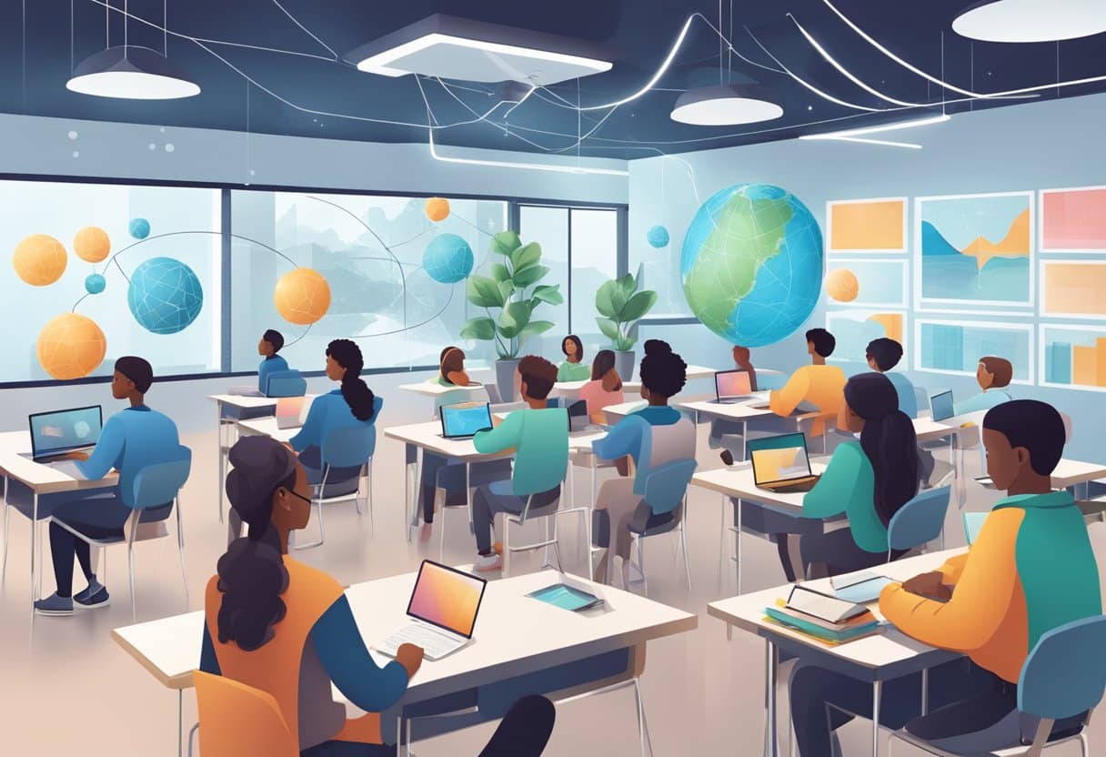 AI in Education: Bridging Global Knowledge Gaps Through Personalised Learning Solutions AI in Education,Education LearningMole AI in Education: A futuristic classroom with AI tools aiding students from diverse backgrounds, connecting them to a global network of knowledge