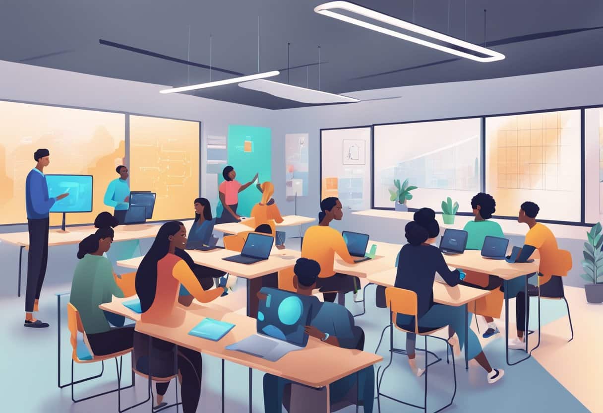 AI in Education: Bridging Global Knowledge Gaps Through Personalised Learning Solutions AI in Education,Education LearningMole AI in Education: A classroom setting with diverse students interacting with AI technology, exchanging ideas and collaborating on creative projects