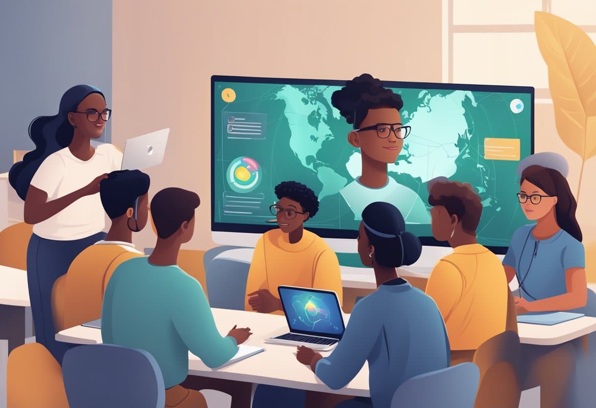 AI in Education: Bridging Global Knowledge Gaps Through Personalised Learning Solutions AI in Education,Education LearningMole A diverse group of students from around the world engage in virtual learning, while AI technology aids in answering their educational questions