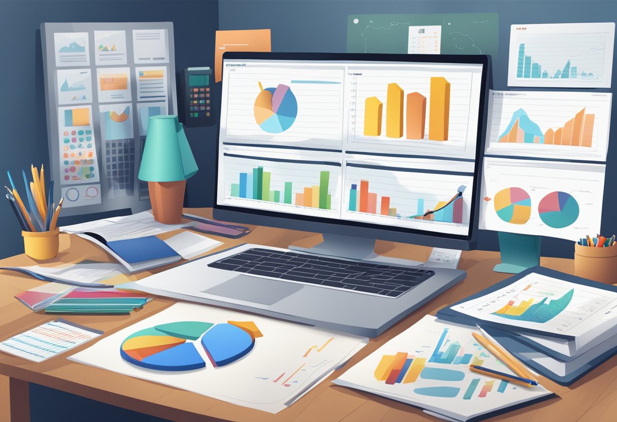 Assessment and Progress Tracking in Statistics and Probability: Friendly Guide to Monitoring Your Learning Journey Statistics and Probability,Statistics,Assessment LearningMole A desk with a computer displaying graphs and charts, surrounded by books and papers on statistics and probability