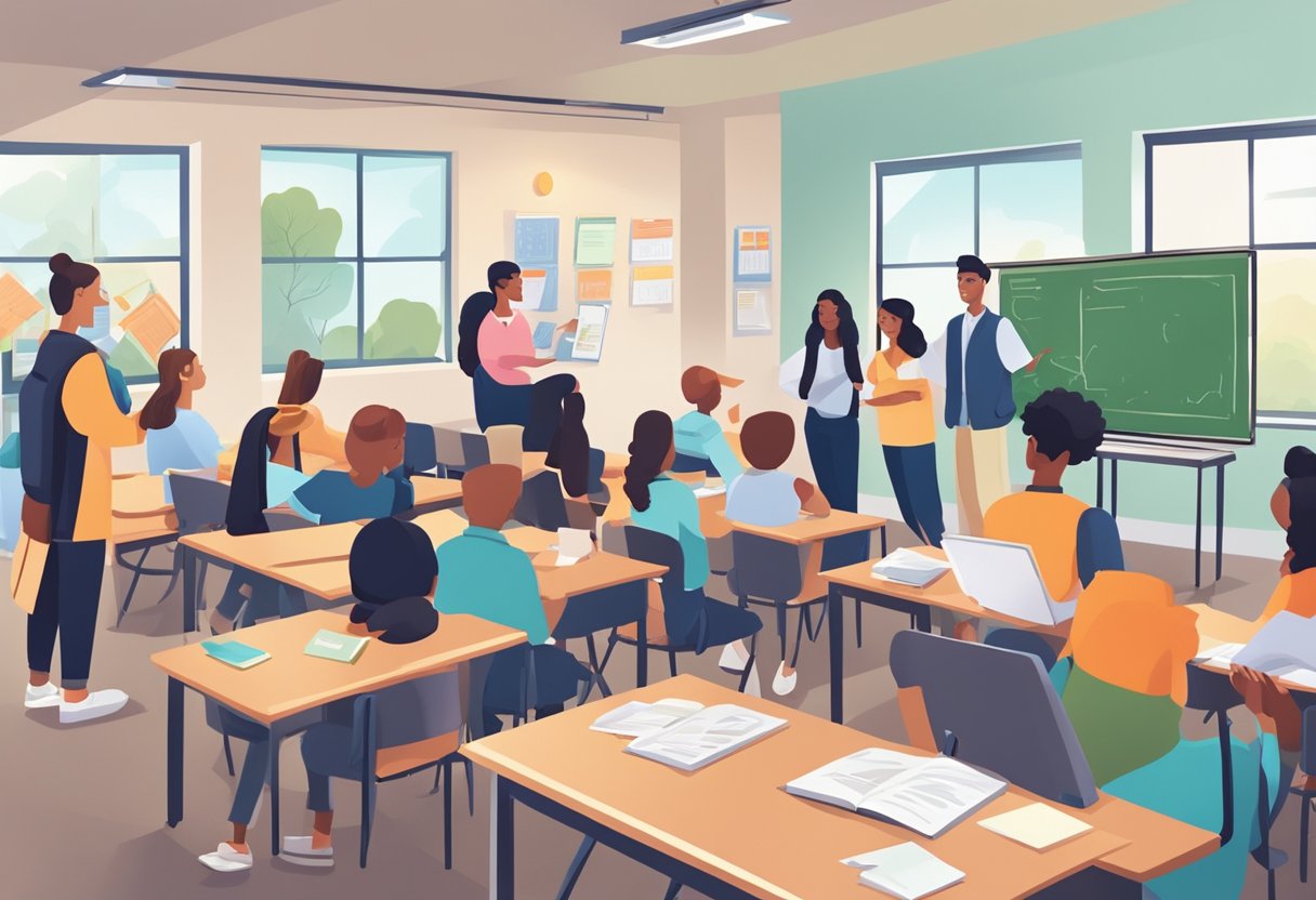 A classroom setting with students engaged in various financial literacy activities, such as budgeting, saving, and investing, with a teacher facilitating the learning