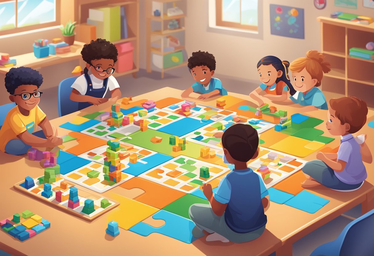 Real-Life Applications of Puzzles and Games in Primary Education: Boosting Learning Through Play Puzzles and games,Puzzles LearningMole Puzzles and games: Children playing strategy games on a colorful game board, surrounded by various puzzles and educational games in a bright, engaging classroom setting