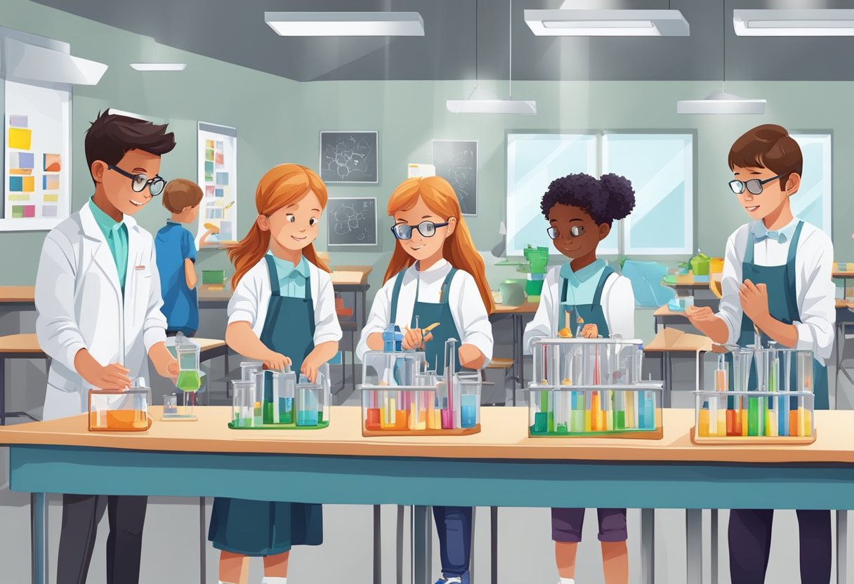 General Science: A classroom with young students conducting hands-on science experiments using various materials and equipment