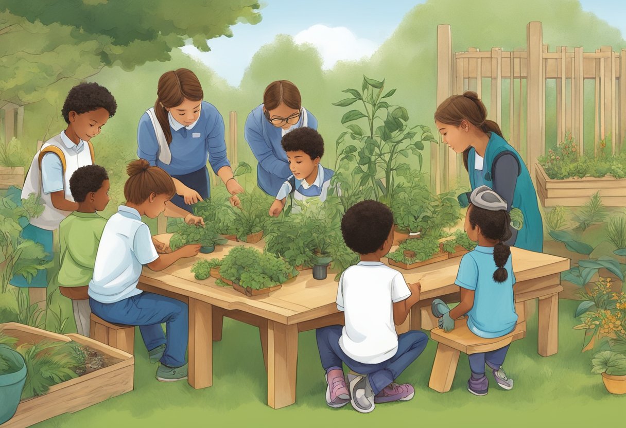 General Science: A group of young students observe and interact with various plants, animals, and natural elements in an outdoor classroom setting, engaging in hands-on learning activities related to general science concepts