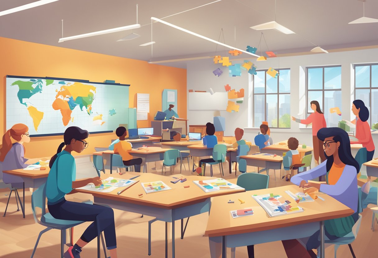 How Puzzles & Games Supports Cross-Curricular Learning: Fostering Holistic Education Through Fun Activities puzzles and games,Puzzle LearningMole A classroom with diverse puzzles and games scattered across desks, while students engage in collaborative learning across various subjects