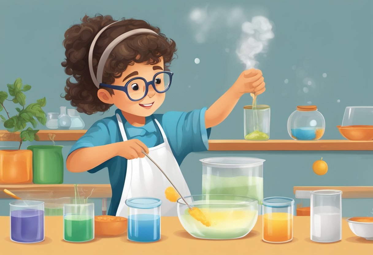General Science: A child conducting a simple science experiment using household items, such as mixing baking soda and vinegar to create a chemical reaction