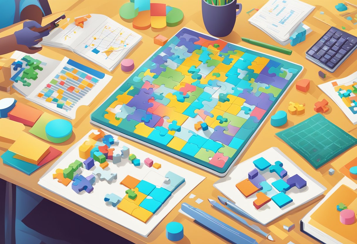 Assessment and Progress Tracking in Puzzles & Games: Empowering Your Gaming Journey Puzzles and games,Puzzle LearningMole A table filled with colorful puzzles and games, surrounded by charts and graphs tracking educational impact and progress