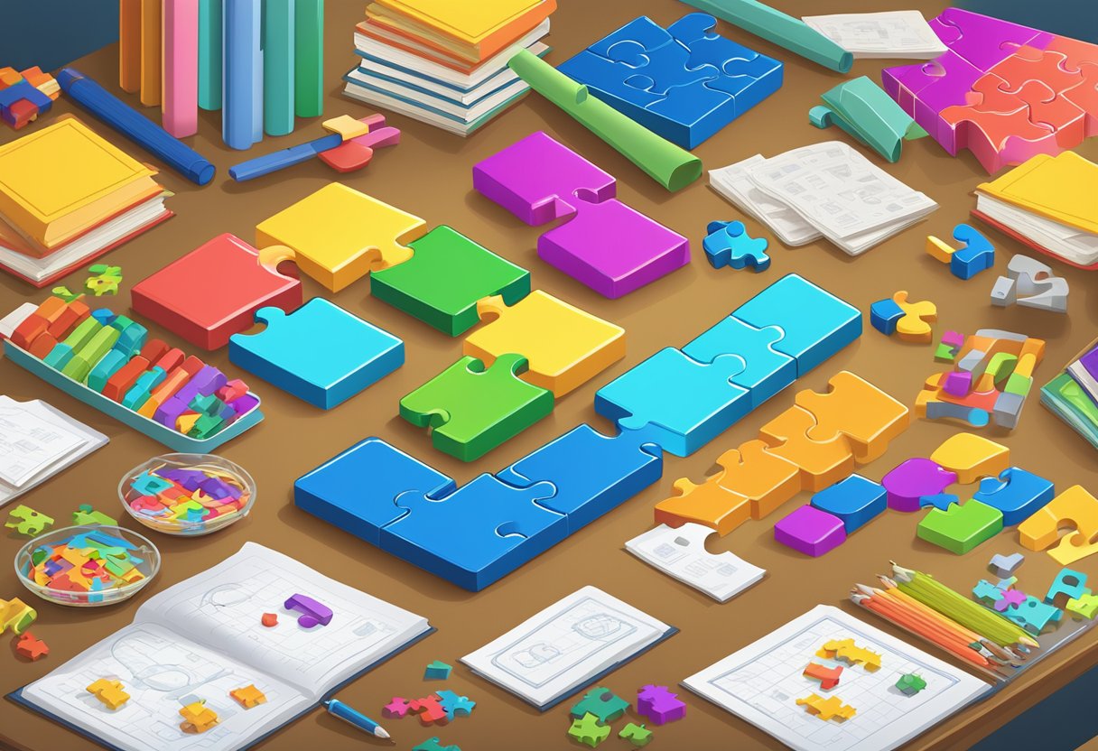 How Puzzles & Games Supports Cross-Curricular Learning: Fostering Holistic Education Through Fun Activities puzzles and games,Puzzle LearningMole A colorful array of puzzles and games scattered across a table, surrounded by various school subjects like math, science, and language arts materials