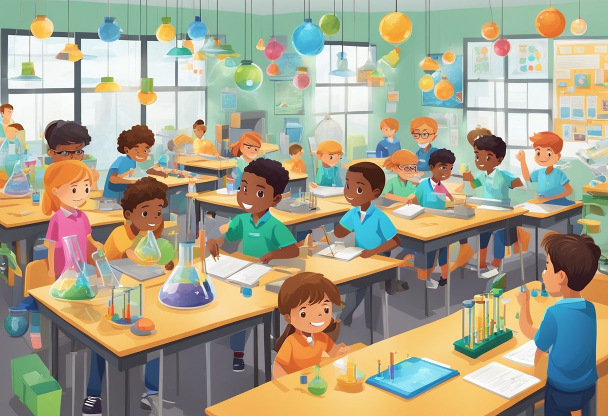General Science: A classroom filled with young students conducting hands-on science experiments, surrounded by colorful posters of scientific concepts and models of innovative inventions