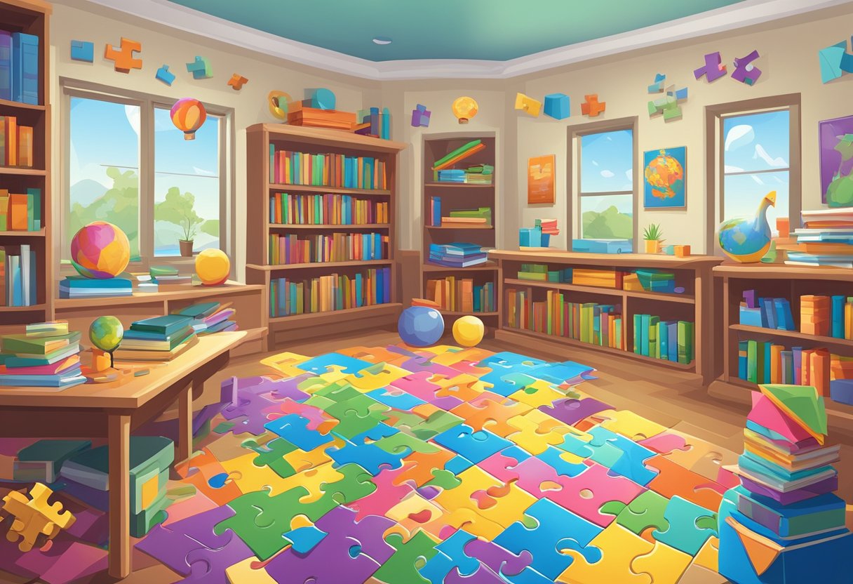 How Puzzles & Games Supports Cross-Curricular Learning: Fostering Holistic Education Through Fun Activities puzzles and games,Puzzle LearningMole puzzles and games: A colorful array of puzzles and games arranged in a classroom setting, surrounded by books and educational materials from various subjects