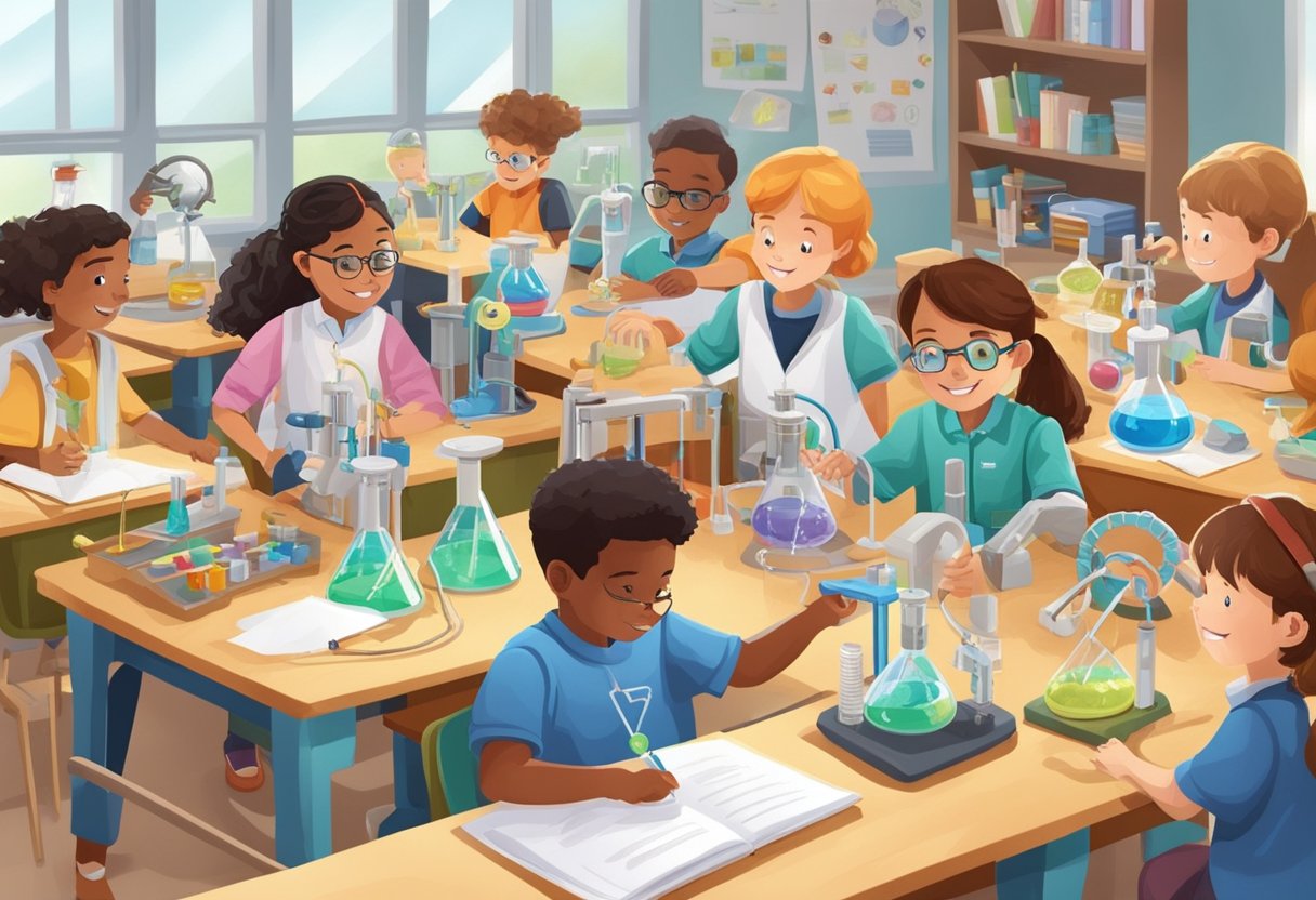 General Science: A classroom setting with young students engaged in hands-on science experiments, surrounded by various scientific tools and materials