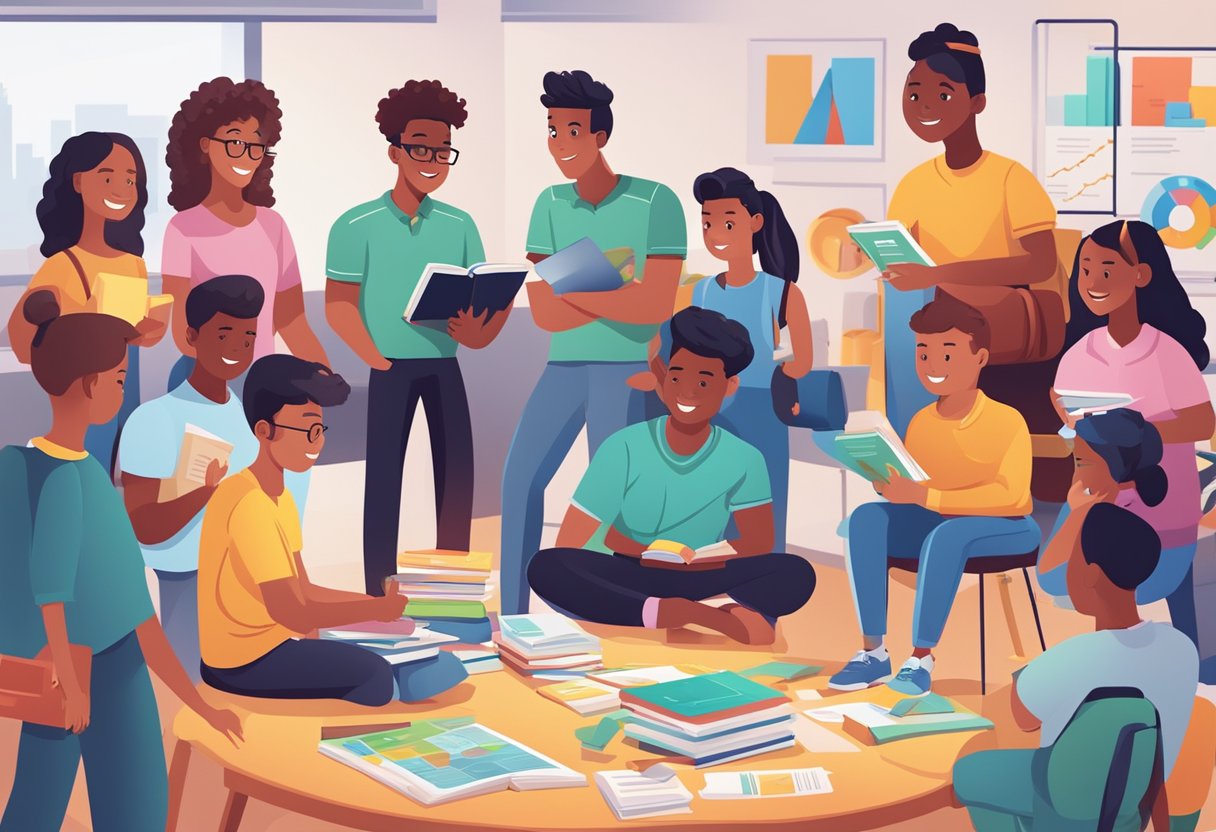 Comprehensive Guide to Financial Literacy for Primary Students: Building Money Skills Early Financial Literacy,Money LearningMole Financial Literacy: A group of young students gather around a colorful and engaging display of financial literacy materials, including books, charts, and interactive activities, all focused on encouraging entrepreneurship