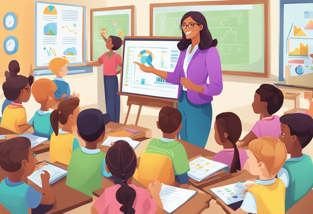 Comprehensive Guide to Financial Literacy for Primary Students: Building Money Skills Early Financial Literacy,Money LearningMole Financial Literacy: A group of young students eagerly gather around a teacher as she enthusiastically teaches them about financial literacy, using colorful visual aids and interactive activities