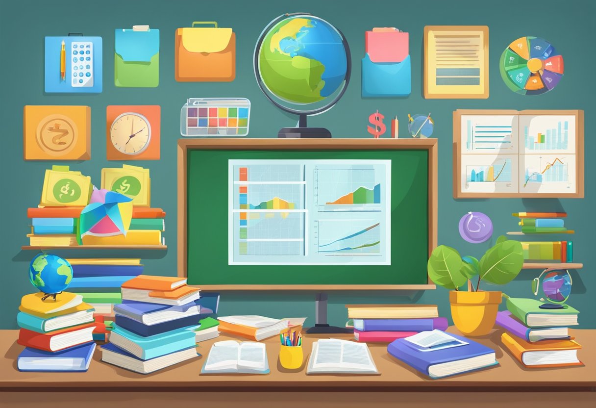 Comprehensive Guide to Financial Literacy for Primary Students: Building Money Skills Early Financial Literacy,Money LearningMole Financial Literacy: A colorful classroom setting with a chalkboard filled with financial literacy concepts, surrounded by books, calculators, and educational posters