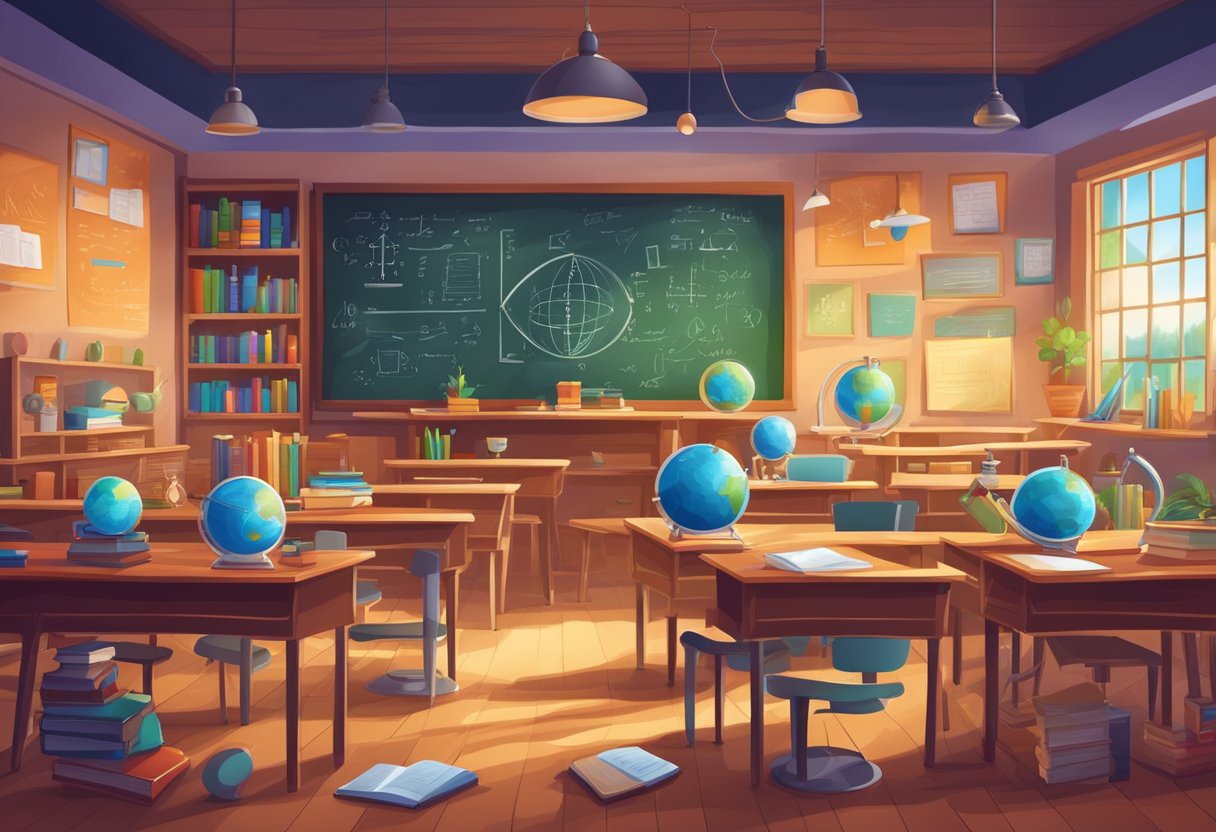 A colorful classroom with a chalkboard full of physics equations, books, a globe, and various scientific instruments on the desk