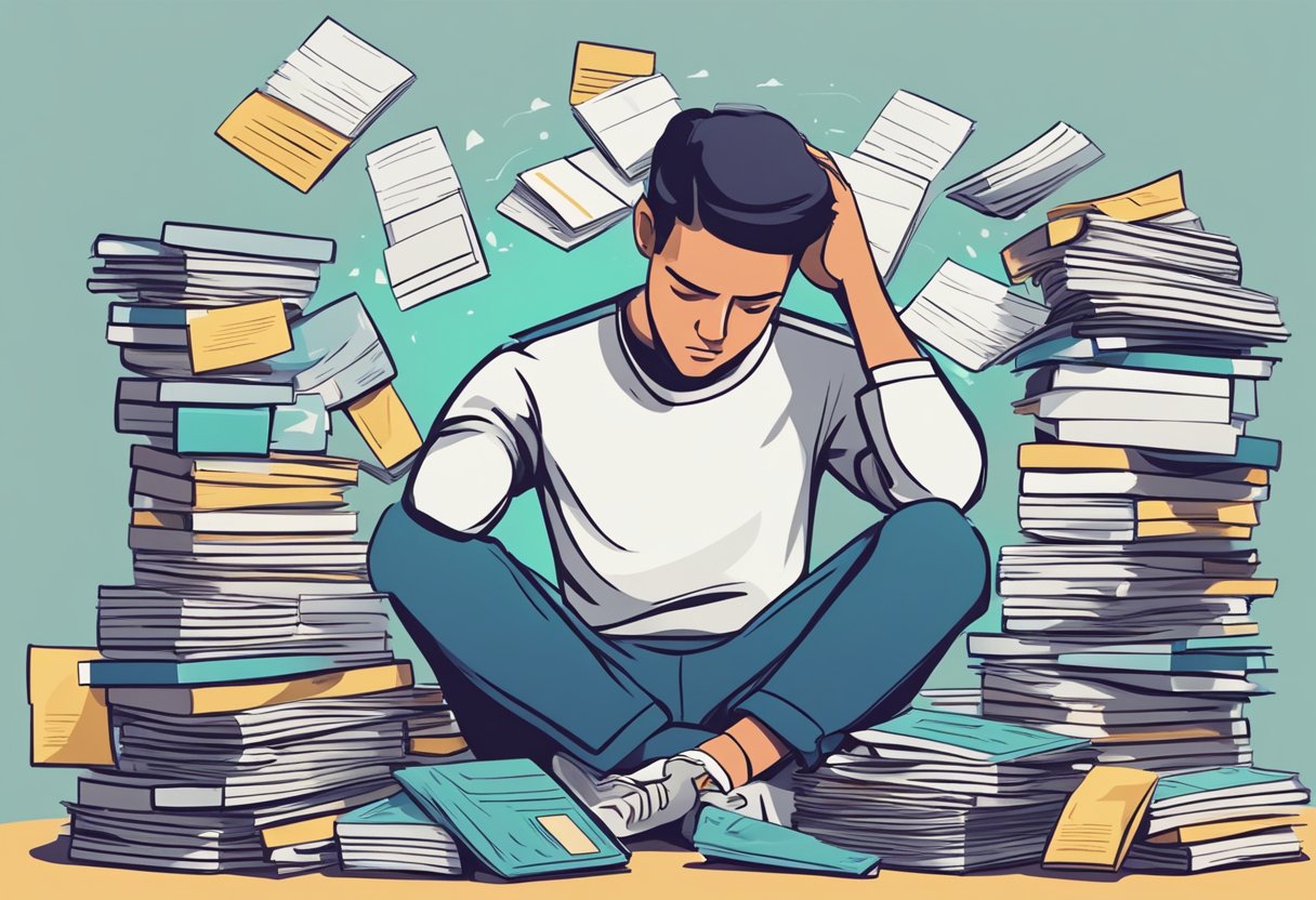 A person looking at a pile of bills and credit card statements, scratching their head in confusion. A stack of financial books sits nearby