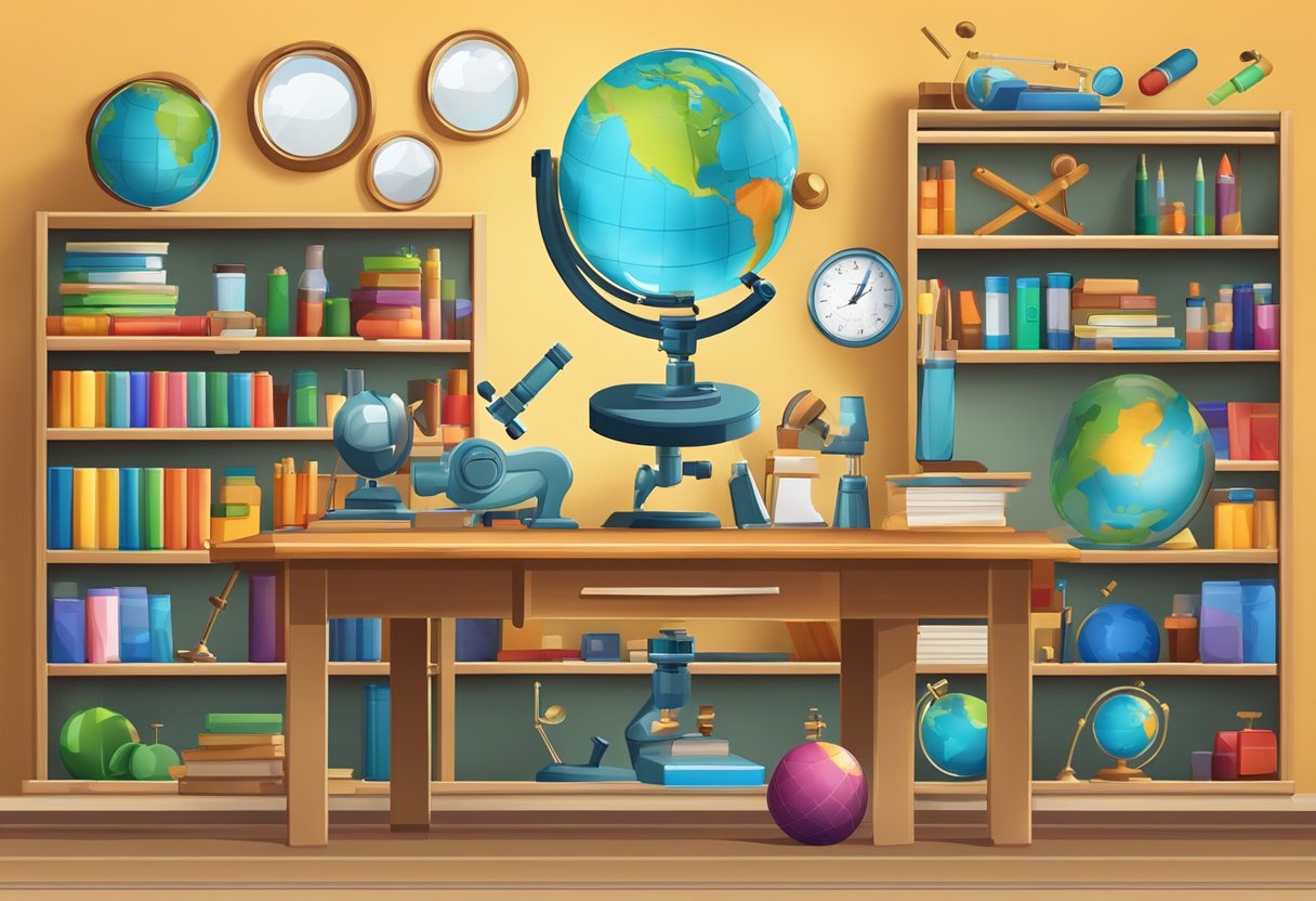 A colorful classroom with physics-related objects and tools, such as a globe, a telescope, a magnet, a prism, and a microscope, arranged neatly on shelves and tables