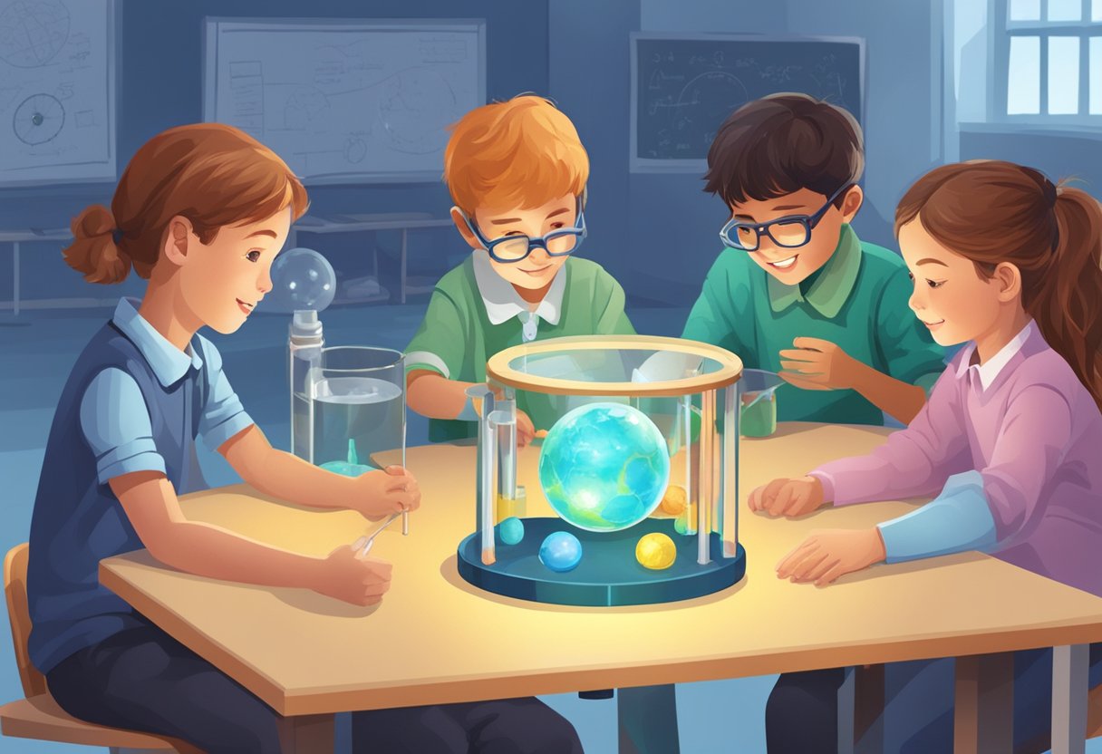 A group of primary students engaged in hands-on experiments, integrating physics with other sciences
