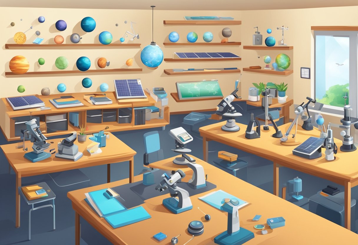 A classroom with various physics-related objects and equipment, such as a microscope, magnets, and a model of the solar system, arranged on desks and shelves