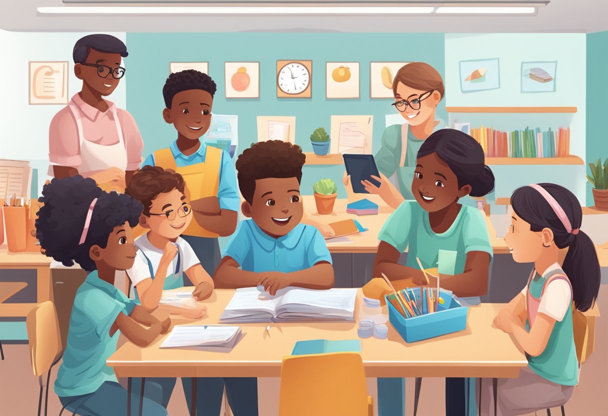 Real-Life Applications of Financial Literacy in Primary Education financial literacy,education LearningMole A group of young students engaged in hands-on activities, such as setting up a pretend store or managing a budget for a small business, under the guidance of their teacher