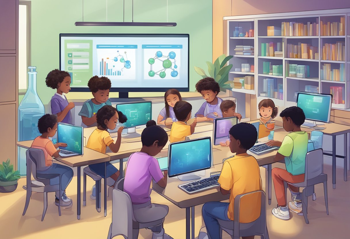 A group of young learners interact with digital chemistry resources, engaging with technology to explore science education