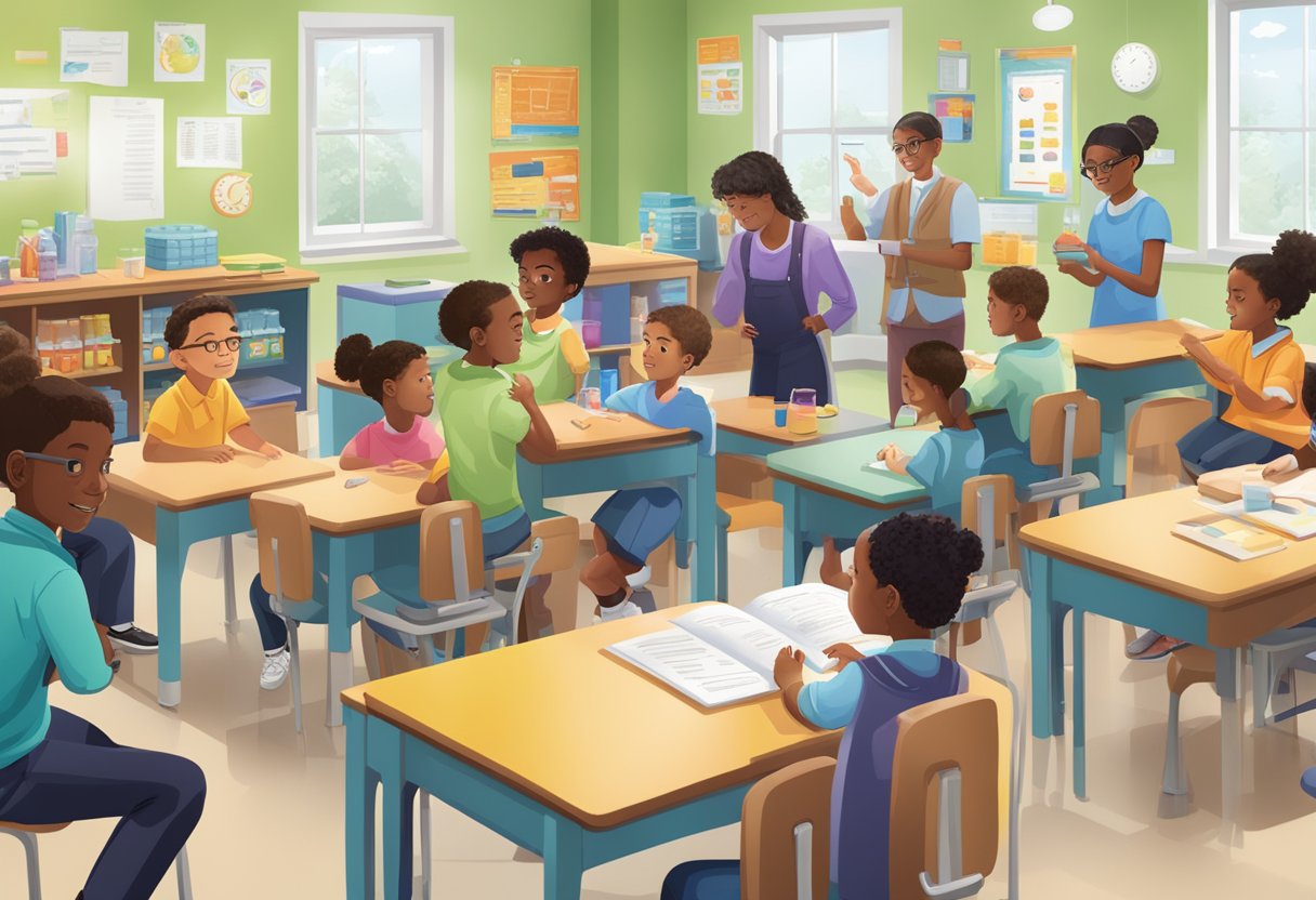 A diverse group of young learners engaging with interactive chemistry resources in a classroom setting