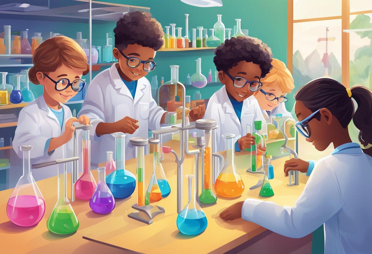 A colorful chemistry lab setting with interactive elements and young learners engaged in hands-on activities