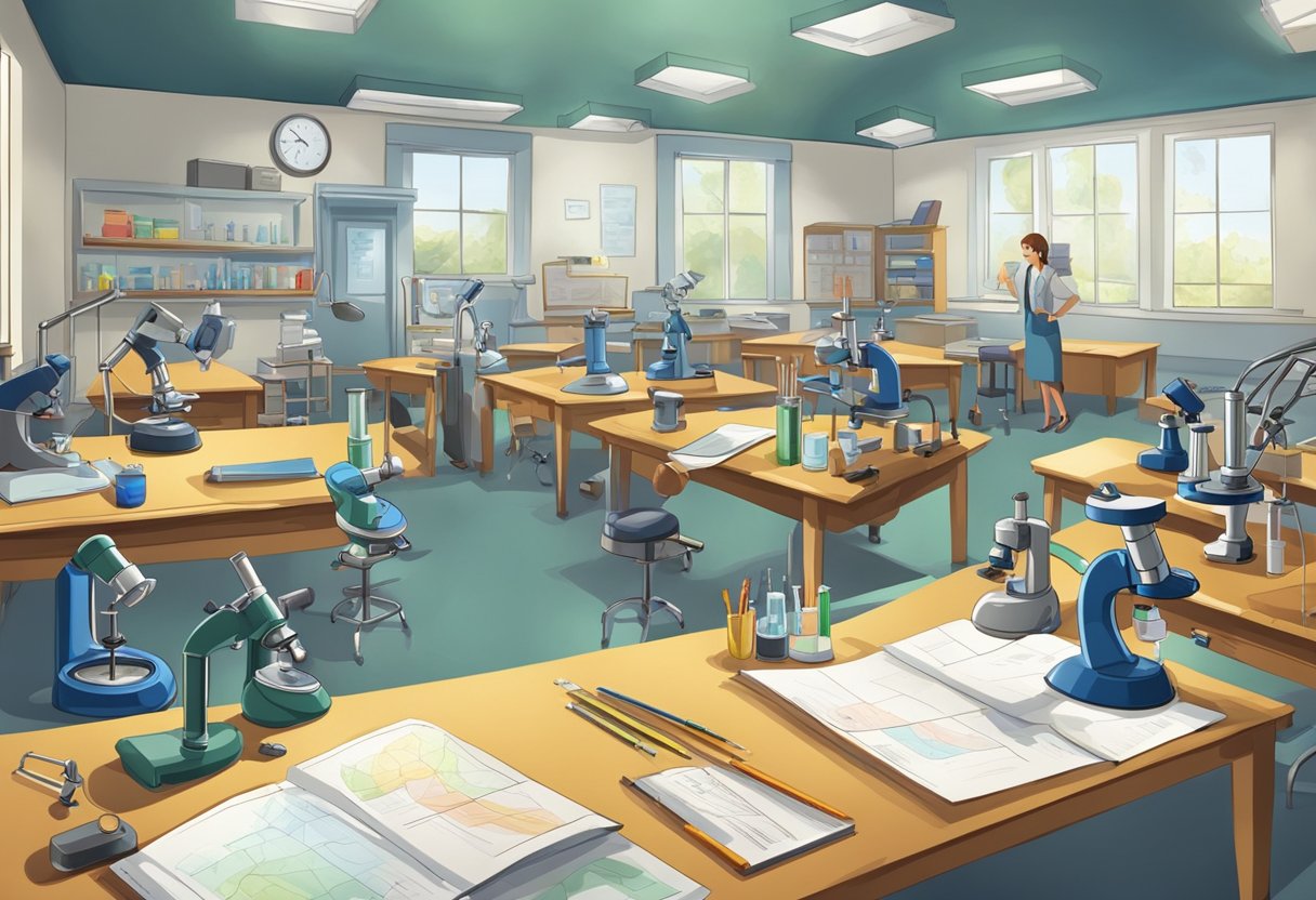 Assessment and Progress Tracking in General Science: Simple Strategies General Science,progress LearningMole A classroom scene with various science equipment and tools, including microscopes, beakers, and charts. A teacher is observing and recording student progress