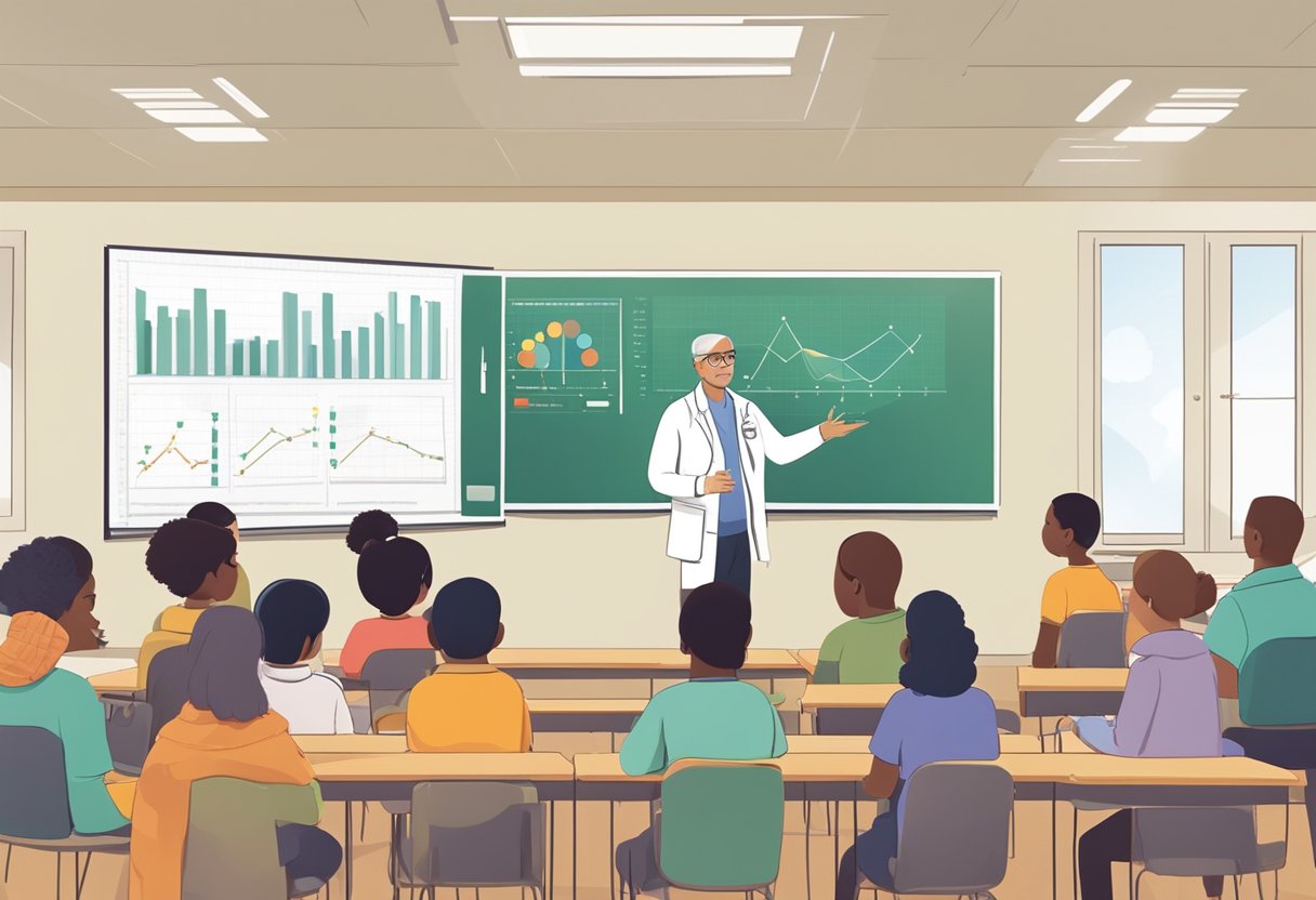 Assessment and Progress Tracking in General Science: Simple Strategies General Science,progress LearningMole A scientist presenting data to a group of parents and community members in a classroom setting with charts and graphs displayed on a projector screen