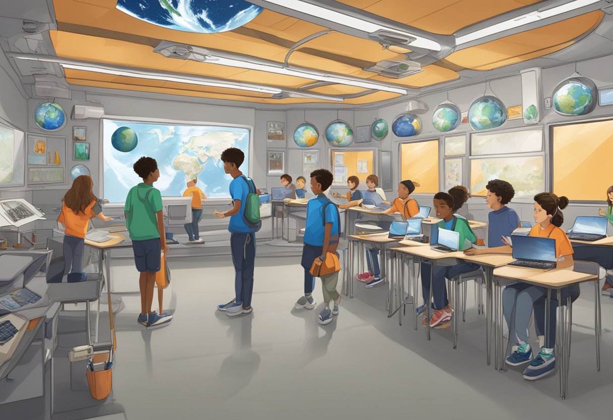 Exploring New Trends in Earth and Space Education: Innovative Ways to Inspire Young Minds Earth and Space,earth,space science LearningMole Earth and Space: A classroom on a space station, with students engaged in hands-on activities and experiments related to Earth and space education