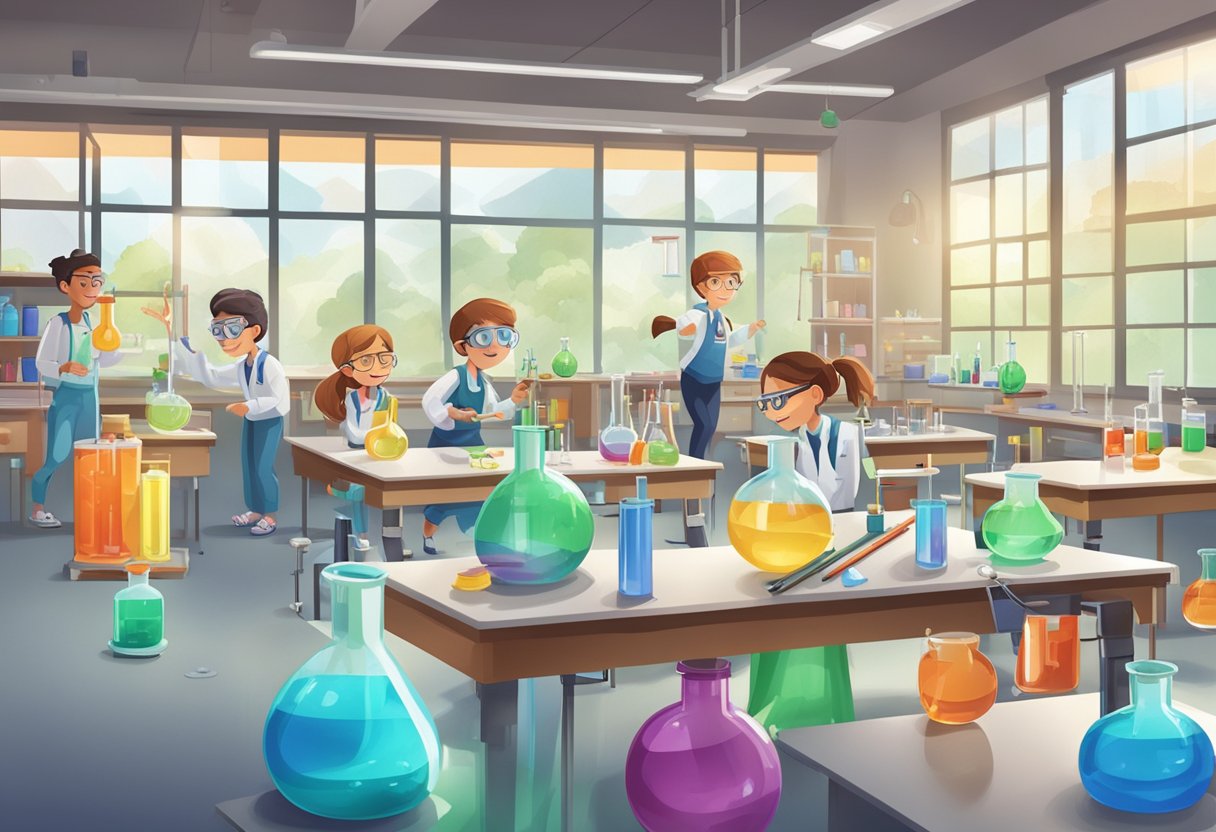 Case Studies: Successful Chemistry Projects in Schools - Inspiring Young Scientists Through Hands-on Learning Chemistry project,Chemistry education,green chemistry LearningMole Chemistry project: A classroom with students working on chemistry experiments, colorful beakers, test tubes, and safety goggles scattered on lab tables