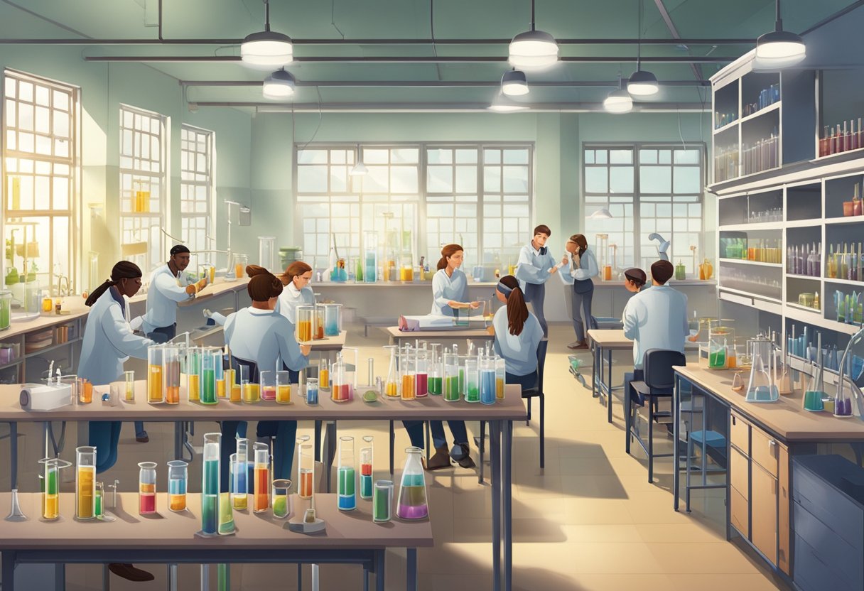 Case Studies: Successful Chemistry Projects in Schools - Inspiring Young Scientists Through Hands-on Learning Chemistry project,Chemistry education,green chemistry LearningMole Chemistry project: A classroom setting with students conducting chemistry experiments at lab stations, surrounded by beakers, test tubes, and scientific equipment