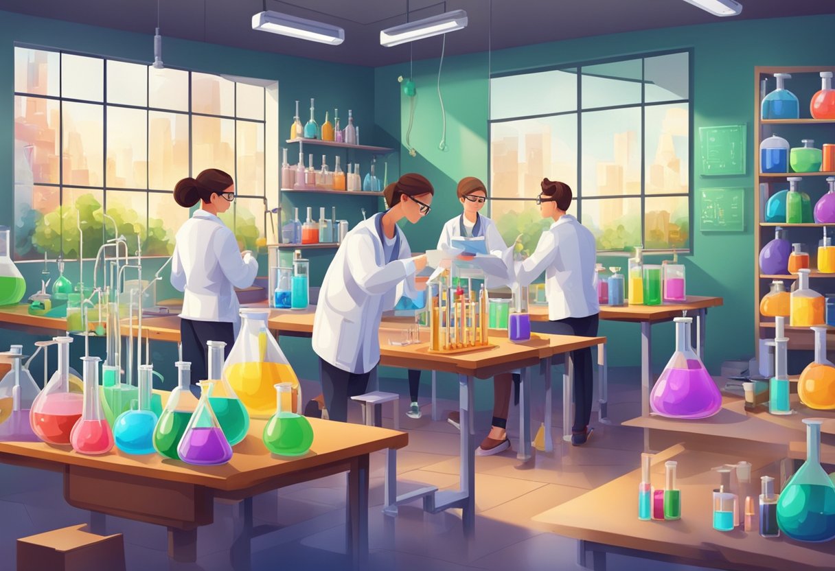 Case Studies: Successful Chemistry Projects in Schools - Inspiring Young Scientists Through Hands-on Learning Chemistry project,Chemistry education,green chemistry LearningMole Chemistry project: A chemistry classroom with students conducting experiments, surrounded by lab equipment and colorful chemical compounds