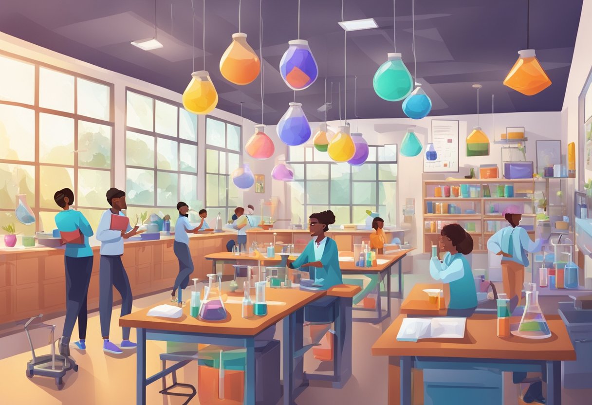 Case Studies: Successful Chemistry Projects in Schools - Inspiring Young Scientists Through Hands-on Learning Chemistry project,Chemistry education,green chemistry LearningMole Chemistry project: A chemistry classroom with diverse students working on various hands-on projects and experiments, with colorful lab equipment and educational posters on the walls