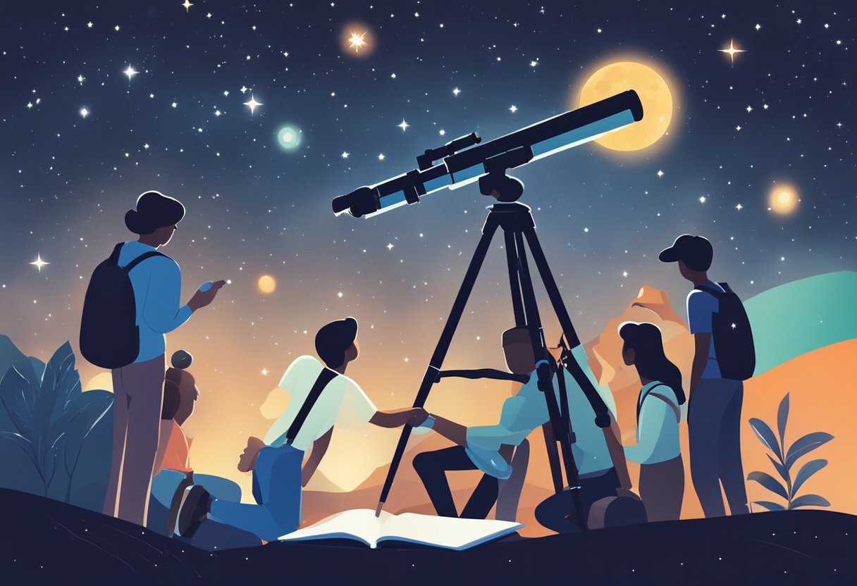 Comprehensive Guide to Biology for Primary Students: Exploring the Wonders of Life Science Together biology,Animals LearningMole biology: A group of young students gather around a telescope, pointing up at the night sky. A stack of biology books sits nearby, open to a page on the cosmos