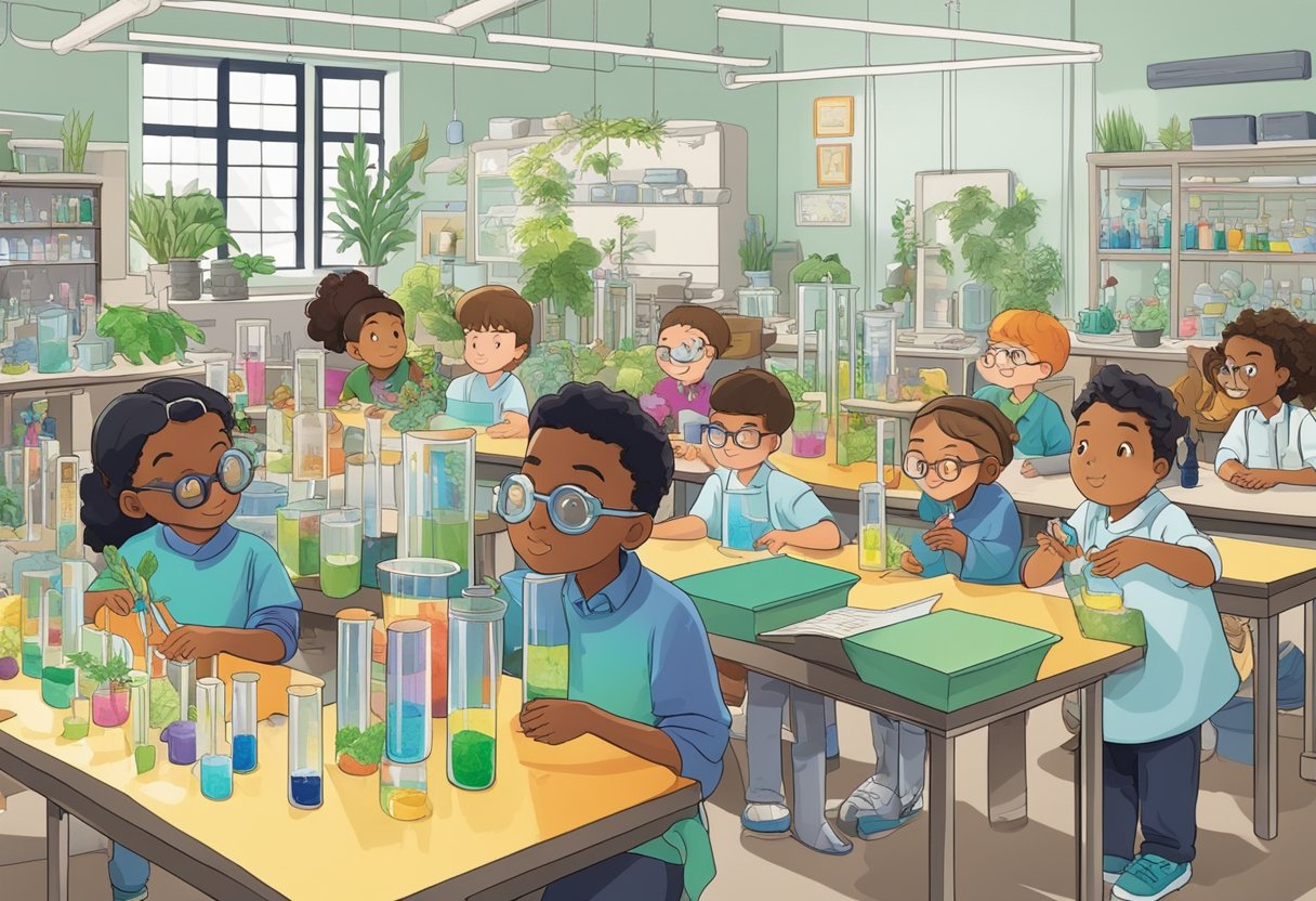 Comprehensive Guide to Biology for Primary Students: Exploring the Wonders of Life Science Together biology,Animals LearningMole biology: A colorful laboratory filled with bubbling beakers, microscope slides, and vibrant plant specimens, surrounded by curious young students eagerly observing and learning