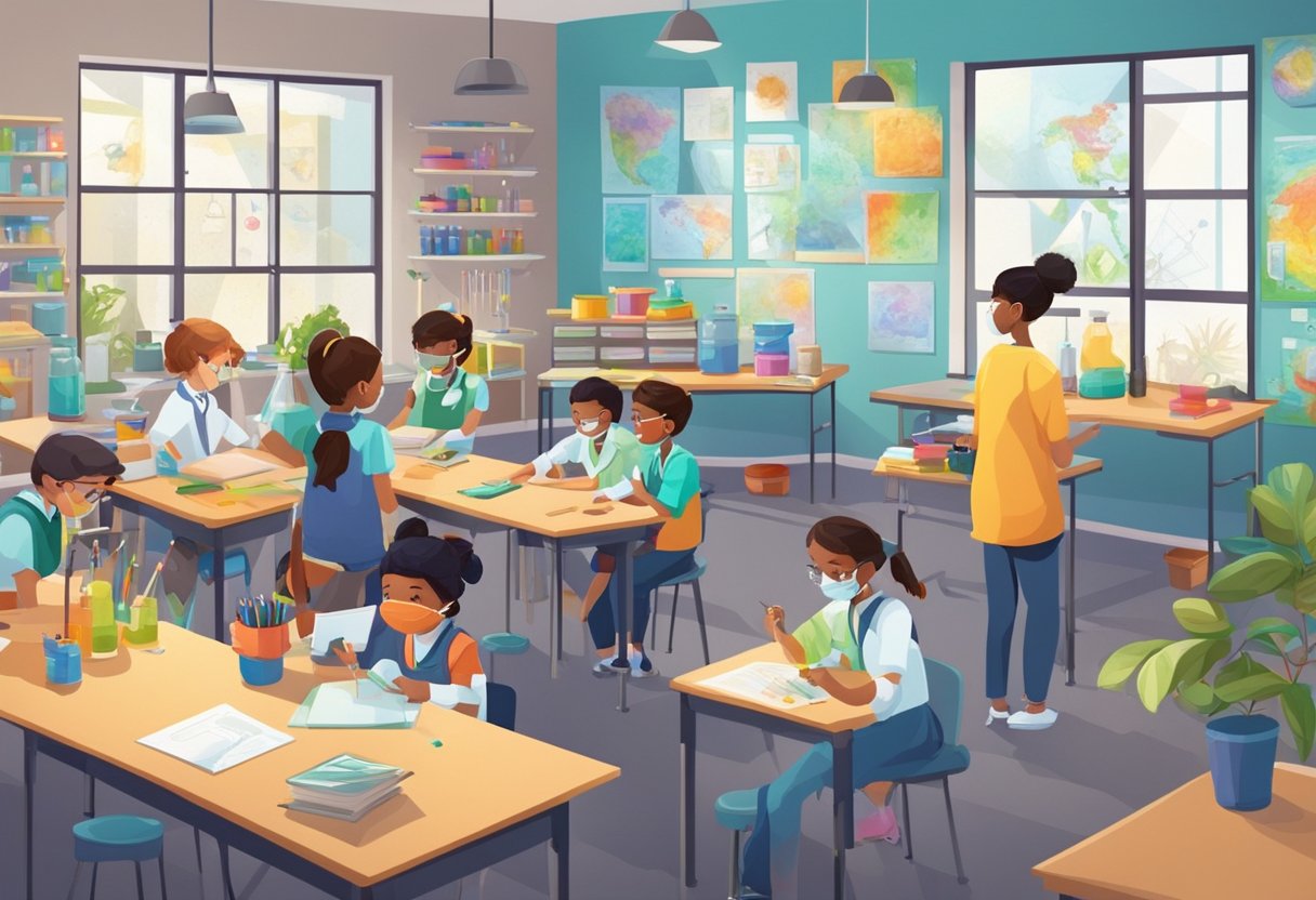 Comprehensive Guide to Biology for Primary Students: Exploring the Wonders of Life Science Together biology,Animals LearningMole biology: A colorful classroom with lab equipment, microscopes, and charts on the wall. A teacher and students engage in hands-on experiments and discussions about biology