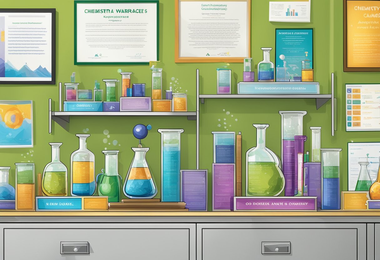 Case Studies: Successful Chemistry Projects in Schools - Inspiring Young Scientists Through Hands-on Learning Chemistry project,Chemistry education,green chemistry LearningMole Chemistry project: A display of chemistry awards and recognition plaques on a school's trophy shelf, surrounded by colorful and engaging chemistry project posters