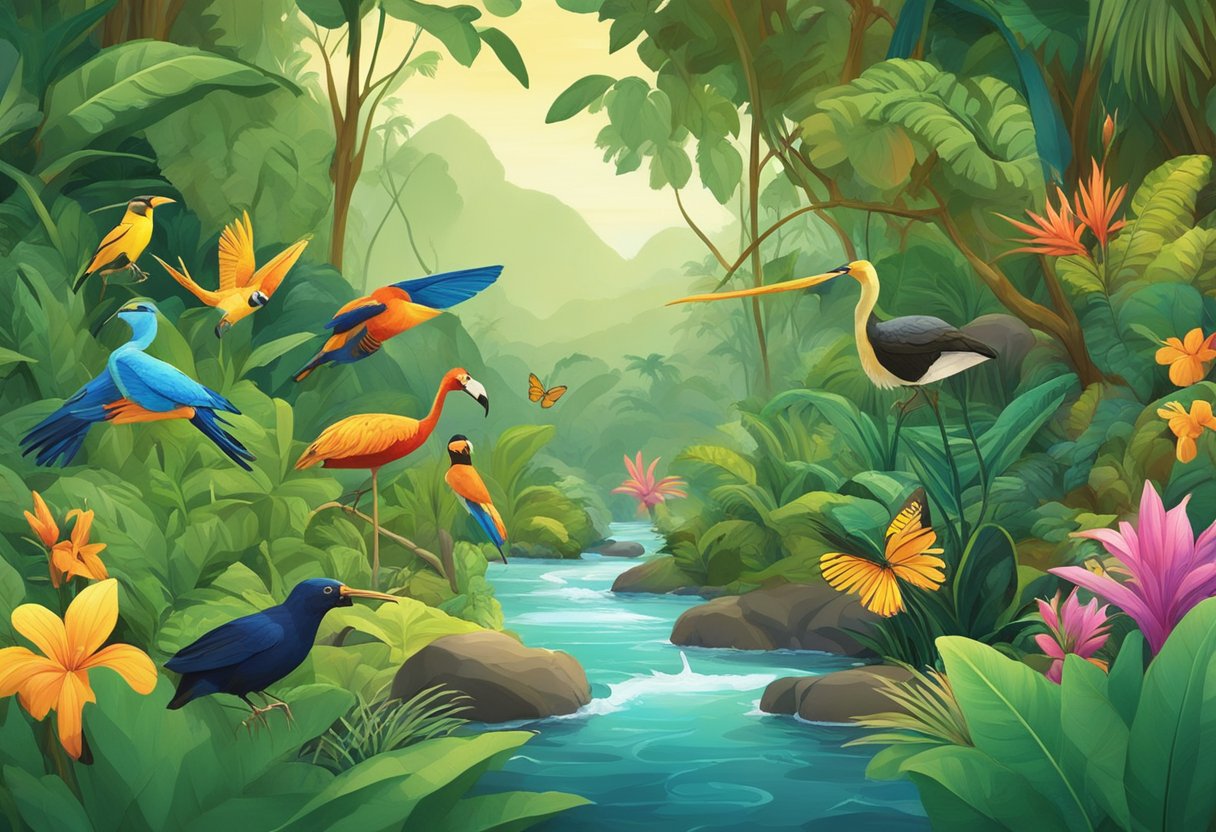 Interactive Biology Resources: Engaging Young Learners with Hands-on Activities for Primary Schools Biology resources,Biology LearningMole Biology resources: A colorful, animated jungle teeming with diverse flora and fauna, including insects, birds, and small mammals. A bubbling stream winds through the scene, with various plants and animals interacting in their natural habitat